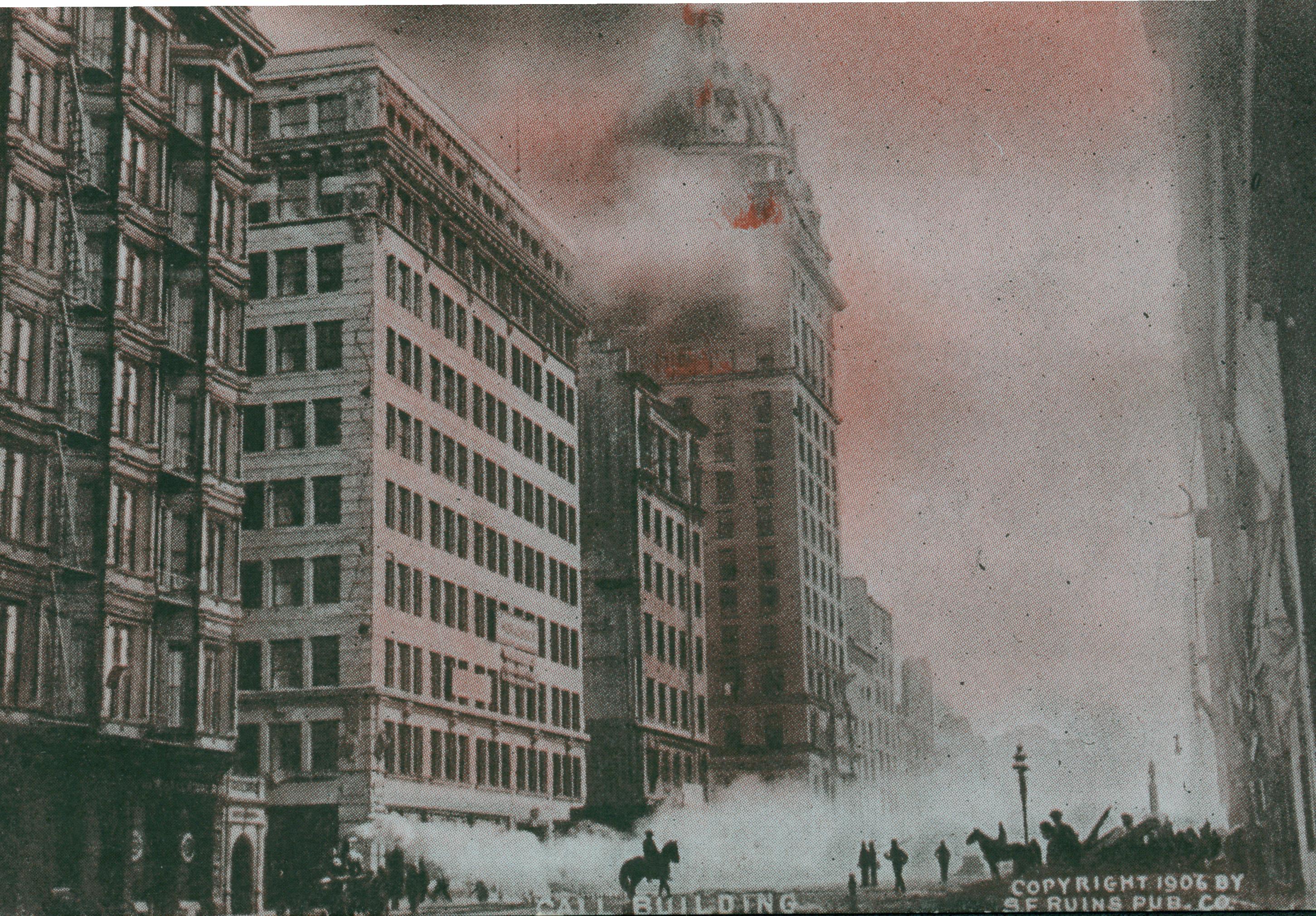 Shows the San Francisco Call building burning